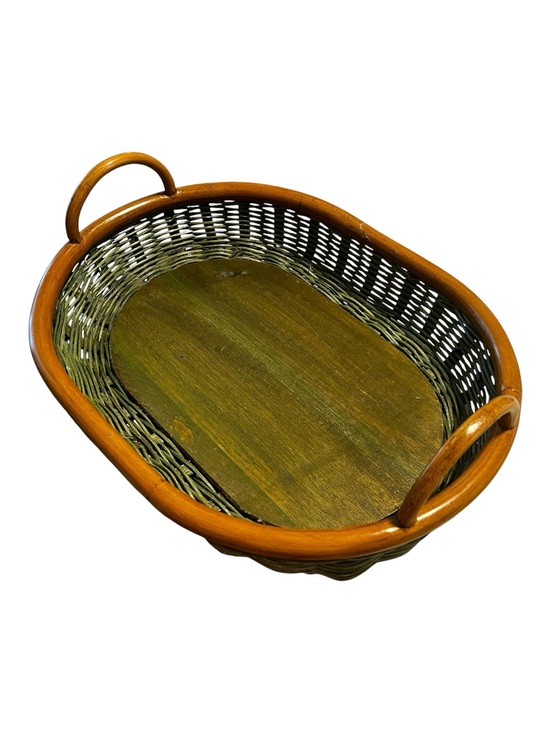 Other - Woven Wooden Serving Basket - Brown & Olive Green